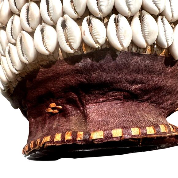 Antique African Tribal Art Hausa Cowrie Shell Hand Basket 8" Leather Handle Trim - Picture 9 of 12